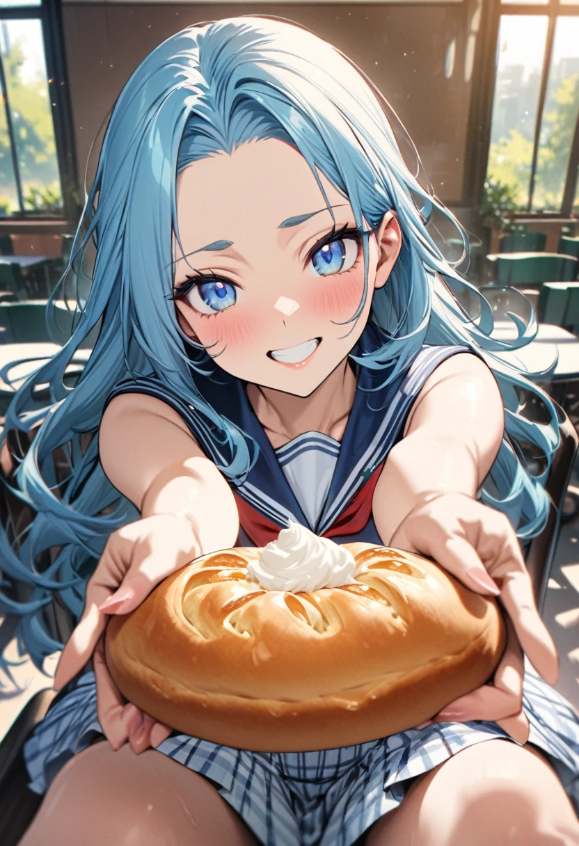 (best enjoy style), up view, (up arms, hand holding the Delicious baked round bread, There's cream inside), (solo:2, 15 yo) (beautiful detailed forehead) (beautiful pastel blue hair long hair) (immensely cute girl) (best cute blue eyes) (best grin smile, glossy lip) (small tits), in a summer Elegant sailor suit, red ribbon, detailed Check pattern skirt, sit down chair, break, in the beautiful master detailed School cafeteria, BREAK, perfect anatomy, masterpiece, best quality, 16k, beautiful detailed grow, daydreaming expression.
