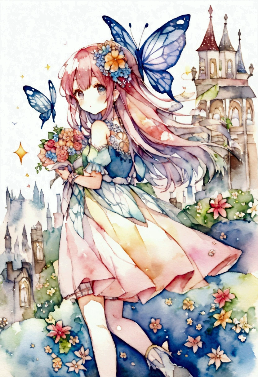 A world where colorful flowers and butterflies flutter about in cute cityscapes。There are no people。I don't need a girl。Sparkling。Fantasy。Watercolor。