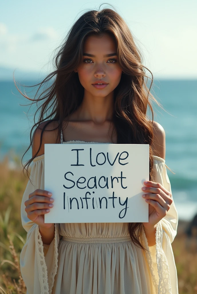 Beautiful girl with wavy long hair, bohemian dress, holding a white board with text "I Love Seaart Infinity" and showing it to the viewer