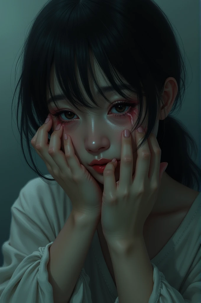 Highest quality, masterpiece, look up, cute,(Horror),(((少女の美しいzombie))),((zombie)),((This girl is dead)),(Being attacked),Trying to bite,(((Bleeding,Injured))),(((Shedding tears of blood))),((Bloodbath)),((口からBleeding)),((Covered in blood)),(A body covered in wounds),((zombieに身体中を噛みつかれた)),((Sexy)),(sexy),((Small breasts)),(Baby Face),(high school girl,uniform),Bobcut,(((Masturbation))),((semen)),Beautiful Style,(((Lower body exposed))),(((Pale skin))),((Sensual look)),(Sexy表情),(Expressions of delight),((fearと快楽の表情)),((Ahegao)),(Dark atmosphere),(Dark atmosphere,fear),((Dim lighting))