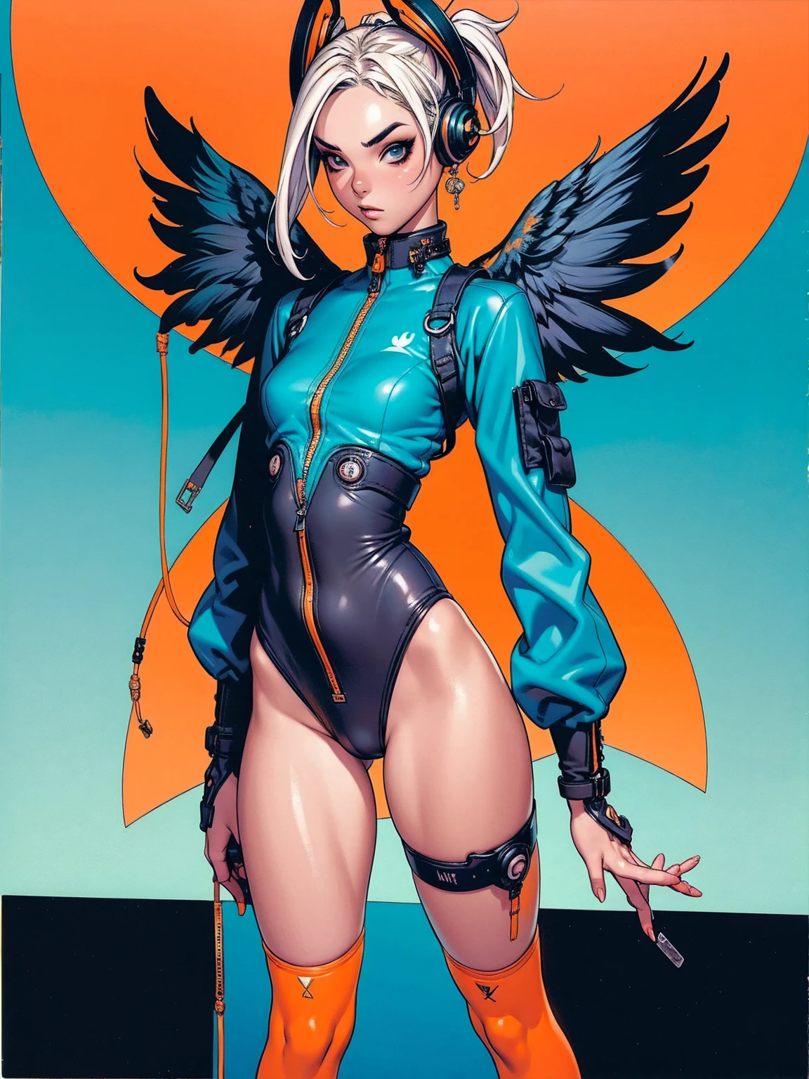 (best qualityer))), (((manga strokes))), (((Headphones))), (((orange and teal devices))), (((bird’s eye view))), Bunny ears and Googles on the forehead, (((tiny thong shorts))), uma Kizi jovem muito bem vestida com roupas modernas de inverno, short top, short jacket with dark fur collar, beautiful and expressive face, slightly-smile, big eyes with long black eyelashes, heavy make-up, chains and zippers spread across clothes, contrasting colours, pose de atitude, hair with a modern and futuristic cut, urban game poster art, dramatic camera angles, graffiti art elements, (((bird’s eye view))), (((best qualityer: 1.4))), (Unbeatable masterpiece), (hiper HD),(CG 8k hyper-realistic), Kizi, (((standing alone))), pirralha violent, ((())), sexly, pose de atitude, work of art, post-apocalypse, (((manga style))), bounty hunter, violent, Manic, the way you want, slenderbody, thin but strong, perfectbody, roupa moderna, advanced technology, neon, sleeves with vertical striped pattern