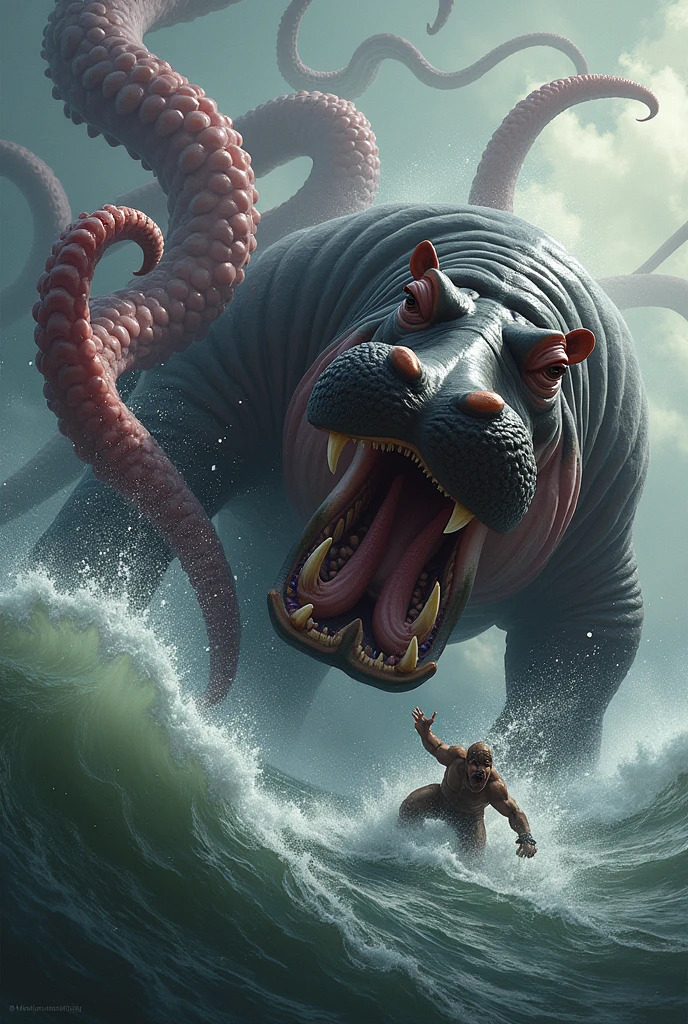 Hippo fighting a giant octopus