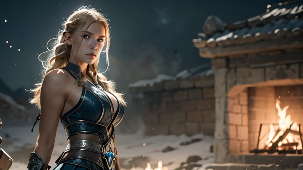 Practical,Burning village,night,Viking,1 Girl,blue eyes,Large Breasts,Full body portrait,Blonde Hair,Solitary,Braided Hair,angry,Charge,A sword with a pattern engraved on the right hand,Shield on left arm,Upper Body