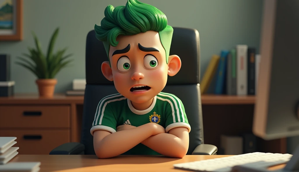 Um homem brasileiro, with green hair, Corinthians shirt, with black shorts and white flip-flops sitting in a desk chair facing forward with a scared expression with his arms crossed