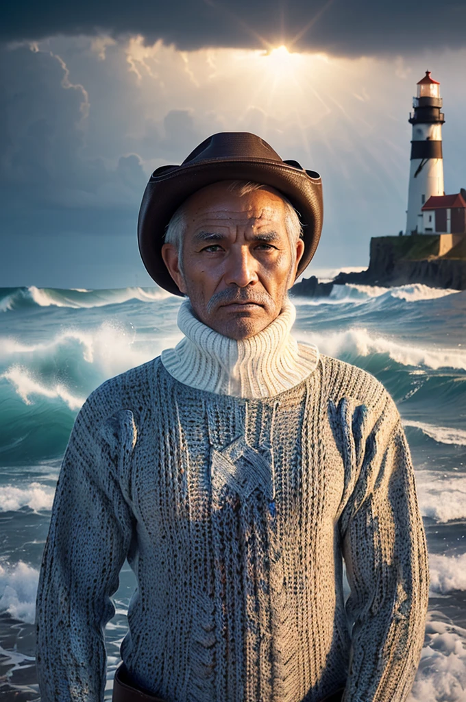 Portrait of a Tough Face (Old Fisherman:1.3), (Face Focus:1.5), (storm:1.2), (Wave:1.3), Ocean, (Lighthouse background:1.3), (Cowboy Shot:1.4), (Knitted sweater with white turtleneck:1.3), View your viewers, Realistic, masterpiece, Highest quality, Backlight, (Lens flare:1.1), (bloom:1.1), (chromatic aberration:1.1), Jeremy Lipking, Antonio J.. Manzanado, Digital Painting