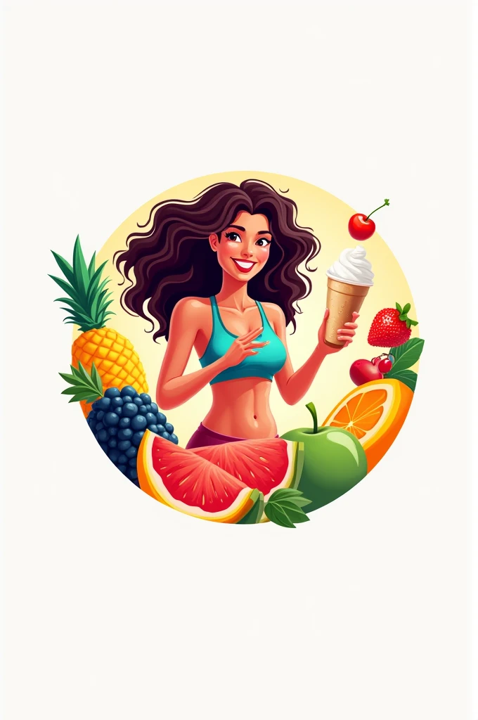 Circular logo of the name Frutimar that has fruit salad, juices and ice cream. Sporty girl long curly hair. 