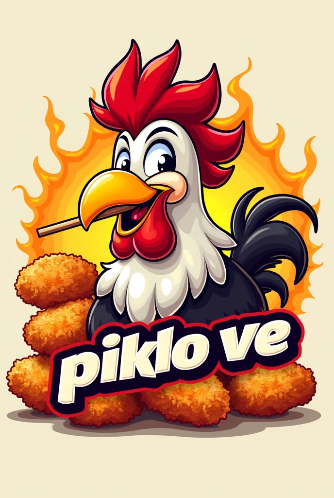 Logo for my company with the rooster Claudio with a toothpick in his mouth with breaded pieces with the name "pika pollo vé"
Something extravagant and alive