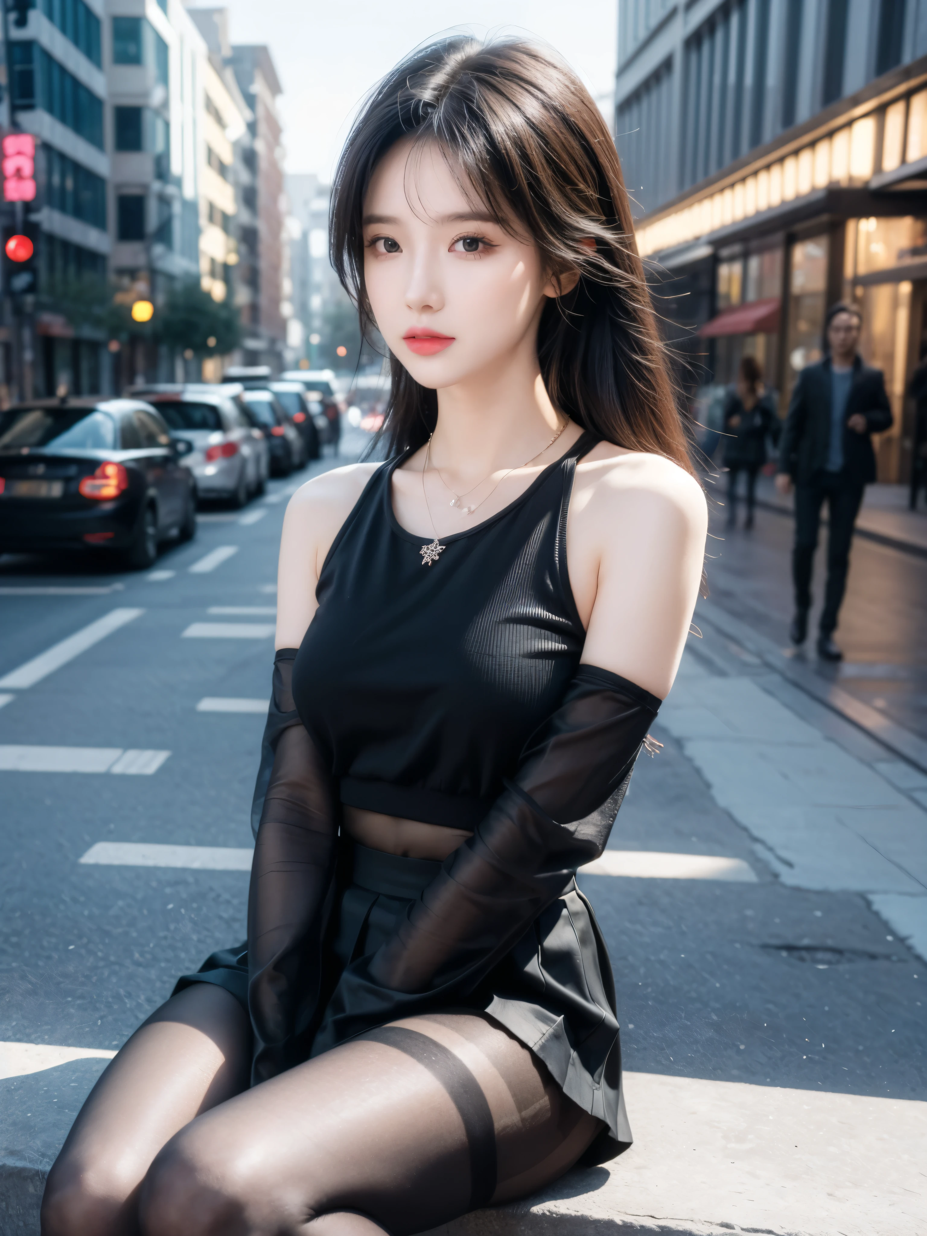 (((best quality))),(((ultra detailed))),(((masterpiece))),illustration,1girl,slim,sun-kissed skin,vibrant rose-pink cotton dress,short ponytail,flat chest,navel,pantyhose,standing, bustling city streets, honking cars,surrounded by crowded crowds, colorful advertisements,grilled skewers,enjoying sights and sounds,(dark black skin:1.5),day scene,upper body