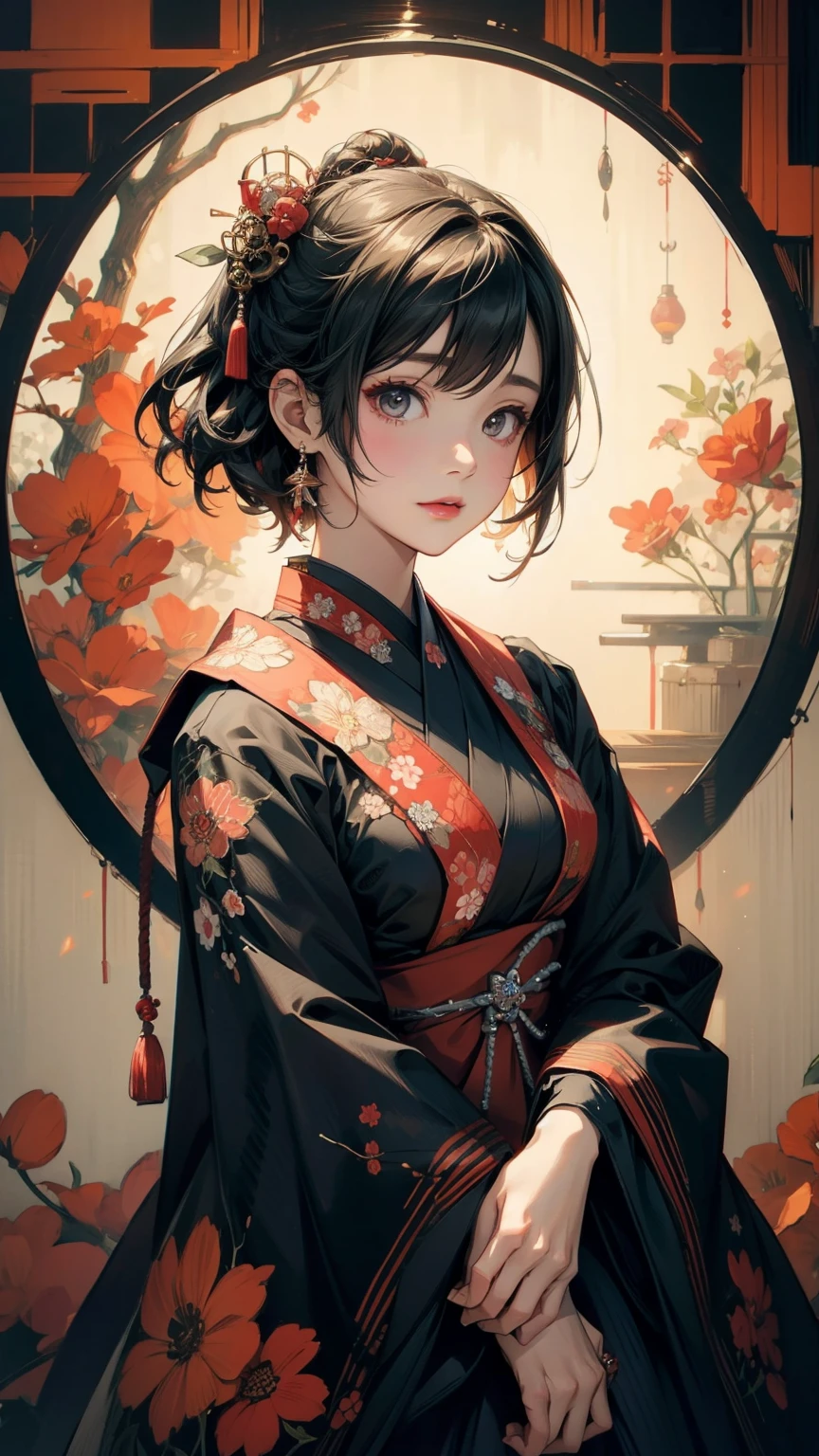 Top view, Woman with asymmetrical short hair, Japanese-style Gothic Lolita fashion, Abstract Japanese pattern background, warm color, mixed-media approach, Anime Style, Simple lines, Digital Painting, (masterpiece, High resolution, Highest quality)