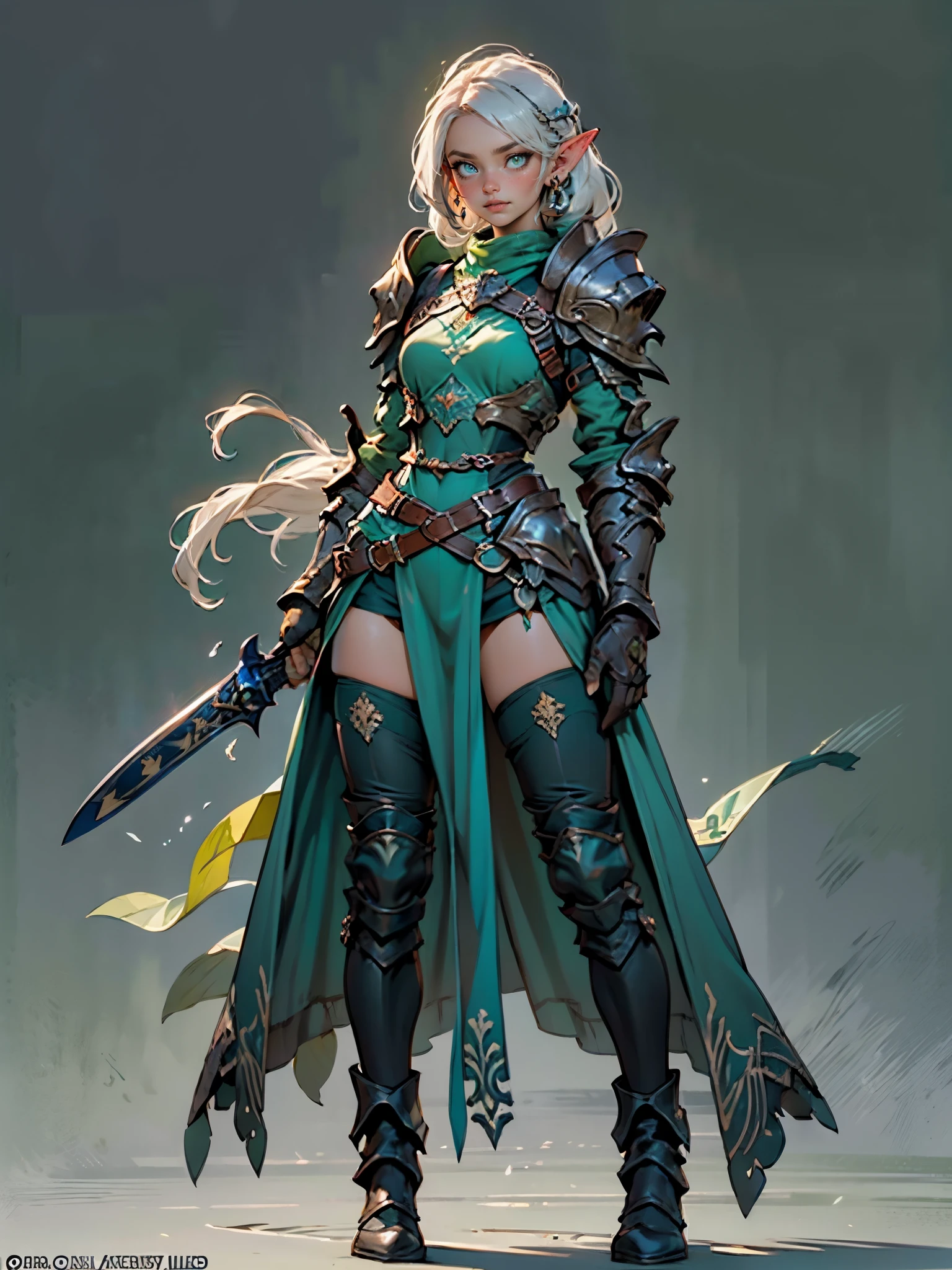 (((Masterpiece, best quality, high detailed, 8k))) Design a layout showcase Gaming character, (1girl). Elf, long silver hair, green eyes (detailed eyes), angelic face, wearing a long flowing jade dress with high side slit, showing midriff, wielding a huge sword, sexy. (masterpiece:1.2), (best quality), ultra-detailed. (Step by step design, layout art:1.5), (luminous lighting, atmospheric lighting). Elf royalty. ((glove full hands)), intricate vambraces, thigh highs, thick thighs, (((full_body_shot:1.4))). The elf stands gracefully amidst dark, dense, ancient, towering trees, their leaves shimmering with a magical glow. The bikini armor, a blend of sleek metal and glowing energy lines, contrasts beautifully with the natural surroundings. Her long silver hair flows softly around her, framing her elegant face with piercing green eyes that radiate wisdom and strength. Huge sword she holds is pulsing with an ethereal green light.（hoang lap，A high resolution，hyper detailled），Black Soul theme, leather，Off-white，ranger，Background of details，Northern Valley，Irithyll，Cold moon，Rule of thirds，boundage，Diablo 4 style，intricate-detail，Diablo color theme，（offcial art，Beauty and aesthetics：1.2），（Dark art，erode,  fractal art：1.3），rich colourful，horryfing，highest details, detailed eyes, (green eyes: 2), white hair with blue tips, blue colored inner hair, long hair, solo, 1girl, slim, small breasts, green flames