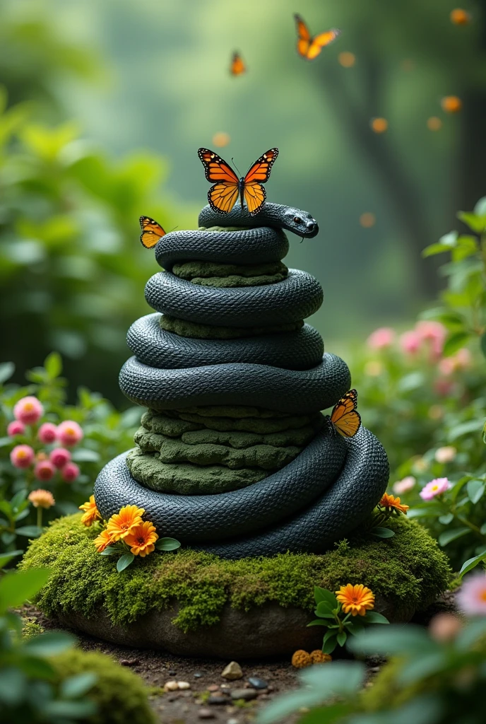 "Amidst a vibrant green landscape, a black cobra wraps itself protectively around a Shiva Lingam, which is beautifully decorated with fresh flowers and lush moss. The scene is alive with the flutter of butterflies, creating a peaceful and sacred atmosphere that celebrates the divine connection between nature and spirituality."