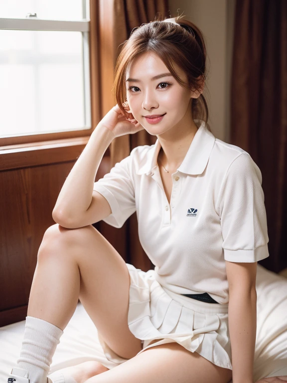 (Masterpiece, Best quality: 1.3), (Ultra realistic, Photo-realistic: 1.2), Full body, Seductive pose, Looking at viewer, Natural light, 20 years old actress, Japanese women, Beautiful thighs, Neat and clean, (Wearing white tennis uniform, White short-sleeve polo shirt:1.1), (unbutton:1.2), (Wearing White tennis pleated skirt:1.1), Wearing white sock, (ponytail: 1.2), Short wavy hair, Light brown hair color, (Beautiful Face), Oval face, clear, Beautiful eyes, Kind eyes, Bedroom eyes, (Clear skin), Clear makeup, Small face, Small mouth, Beautiful mouth, Approachable, Hotel Suite room,On bed, Seductive smile,