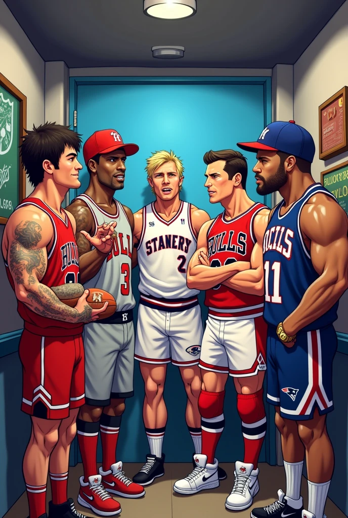 "Stone cold" steve austin(WWE),michael jordan(NBA),wayne gretzky(NHL),babe ruth(MLB),tom brady(NFL) and jon jones(UFC) hang out together(make sure every iconic espect and detail of there identity) (anime cartoon style)