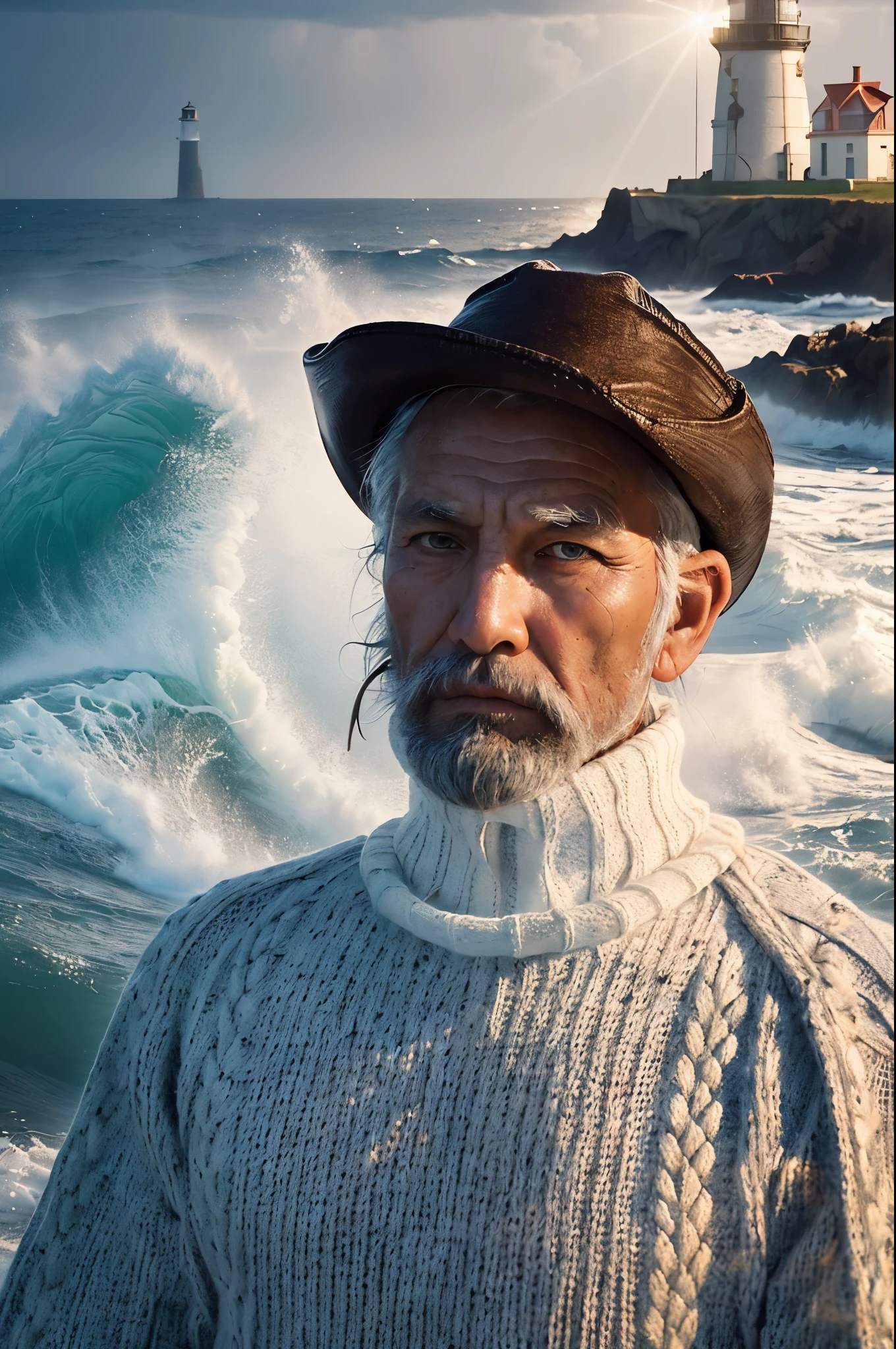 Portrait of a Tough Face (Old Fisherman:1.3), (Face Focus:1.5), (storm:1.2), (Wave:1.3), Ocean, (Lighthouse background:1.3), (Cowboy Shot:1.4), (Knitted sweater with white turtleneck:1.3), View your viewers, Realistic, masterpiece, Highest quality, Backlight, (Lens flare:1.1), (bloom:1.1), (chromatic aberration:1.1), Jeremy Lipking, Antonio J.. Manzanado, Digital Painting