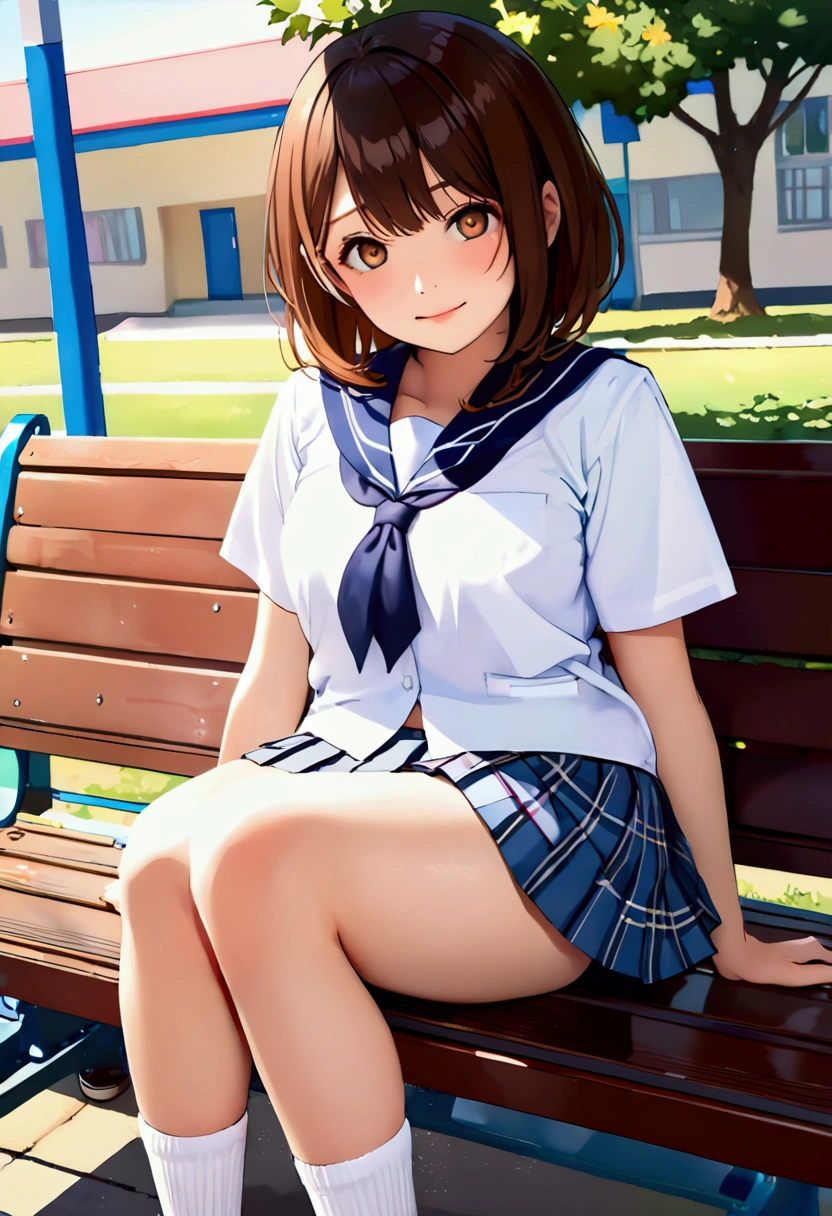 (nsfw:1.5),Miho Nishizumi,sexy,Annyu,adult,((Droopy eyes)),Short Hair,Dark brown hair,Dark brown eyes,Baby Face,8k wallpaper, (shape:0.8), (Beautiful attention to detail:1.6), Highly detailed face, Perfect lighting, Extremely detailed CG, (Perfect hands, Perfect Anatomy),School Uniform,Oarai Girls,mini skirt,White socks,Black shoes,Schoolyard,Sitting on a bench,Bright smile,Enjoyable school life