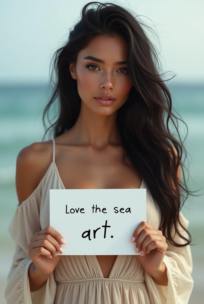 Beautiful nude girl with wavy long hair, bohemian dress, holding a white board with text "I Love Seaart Infinity" and showing it to the viewer