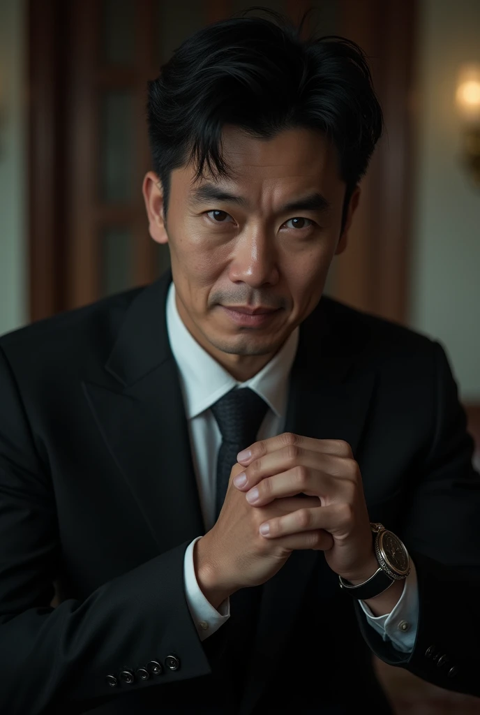 (best quality, masterpiece, 8K, photorealistic, cinematic lighting, hdr image, ultra detailed, beautiful image), 1 man, mature, very handsome, serious expression, short black hair, black eyes, arranging suit
