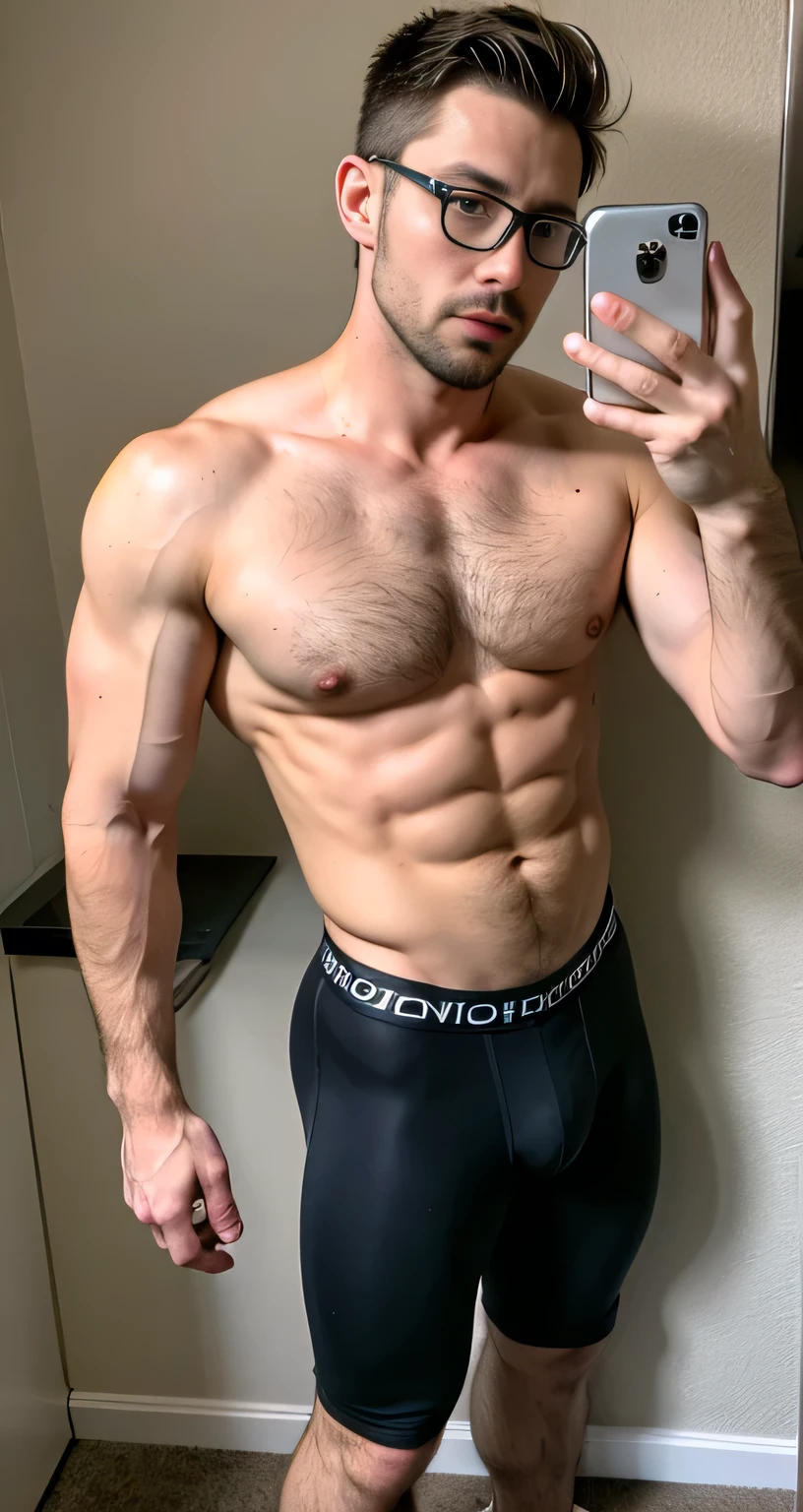  natural male、30 years old、american male、very handsome、abs、Pectoral muscle、ck black underwear、PUMP blue briefs、body hair、full-length picture,wearing glasses,sexy pose