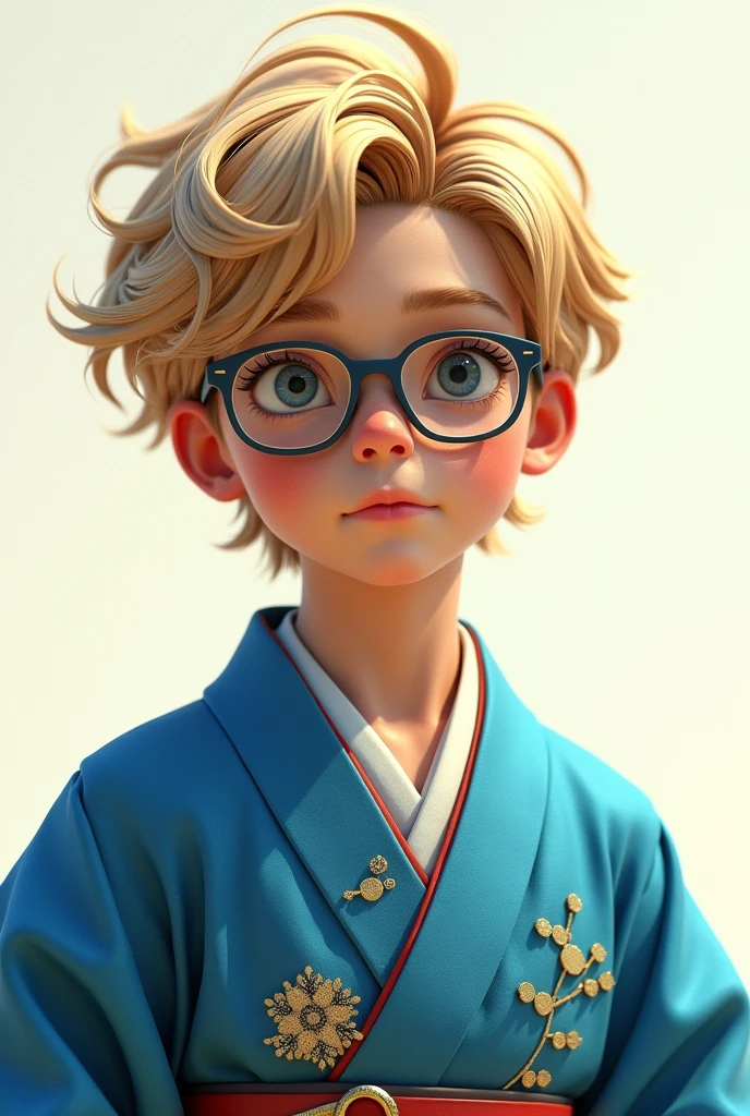 Create images of a 10 year old boy, stark, honey eyes, Grey glasses, blond and blue kimono