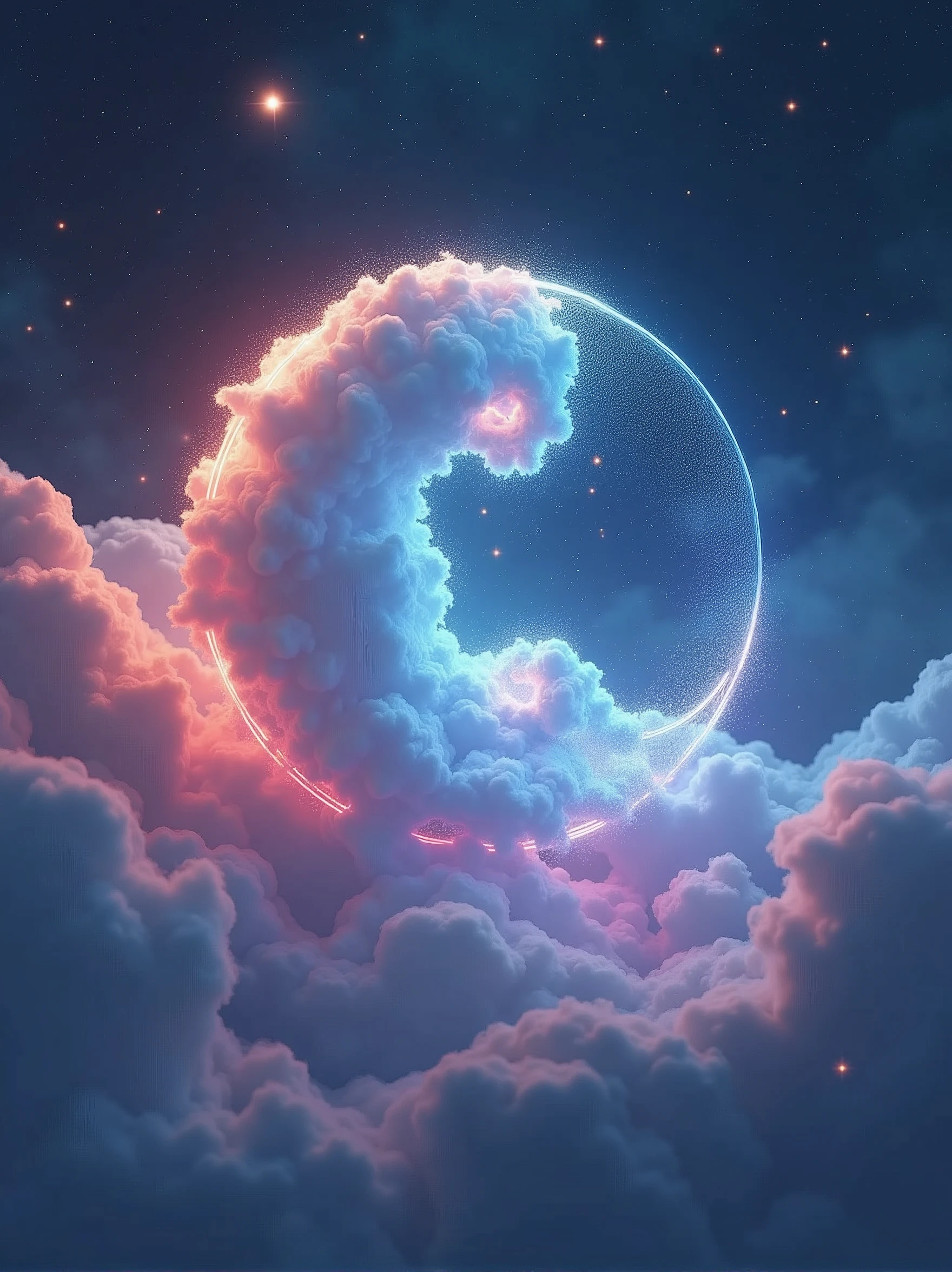 It includes fantastical elements and nebulae patterns, cool dynamic light, spot and streamer effects, dynamic particle effects, bright neon colors (such as electric blue, purple and bright orange), simple and modern layout, in line with the aesthetic trend of the web platform. There were no people, no streets, there was a tai chi pattern made up of clouds