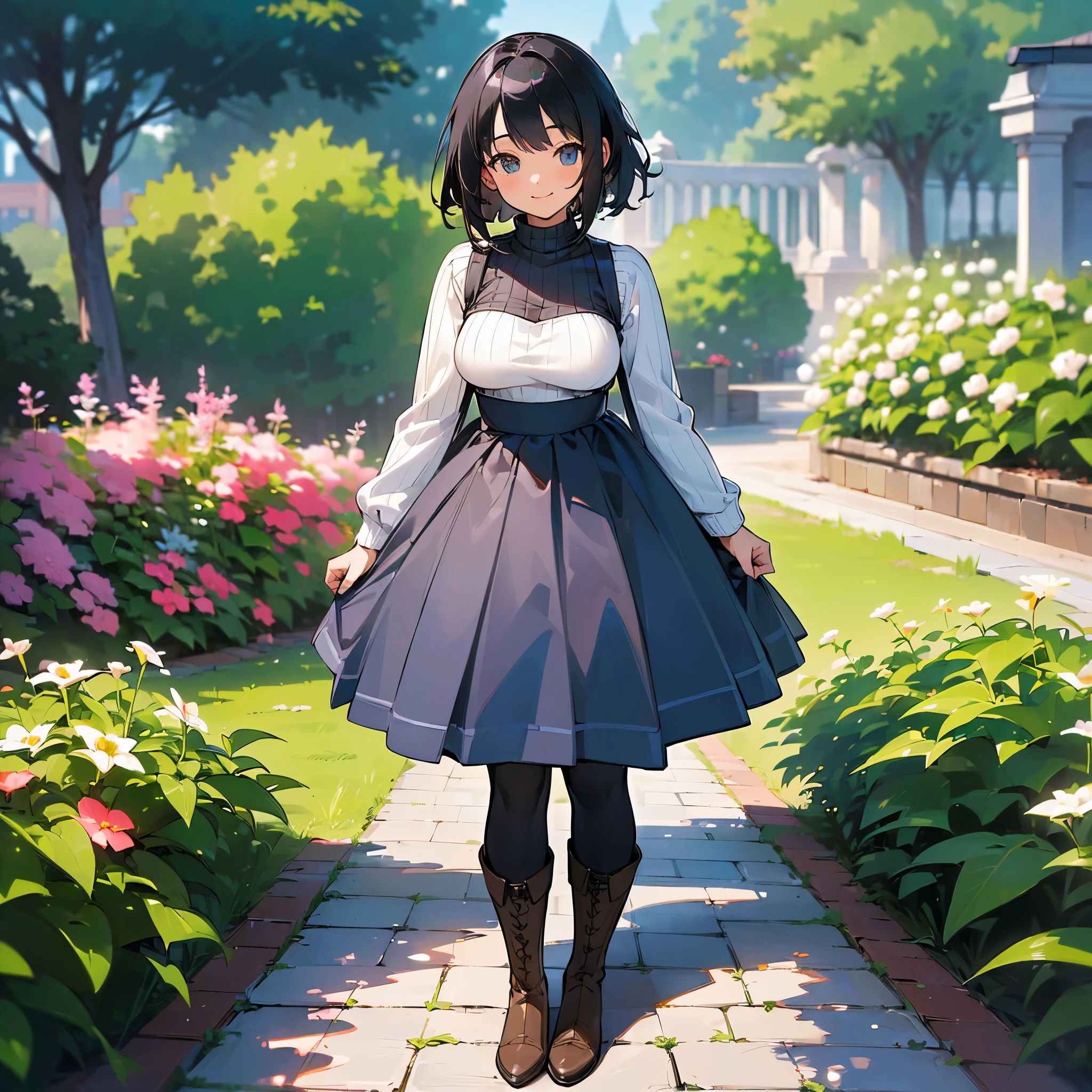 (high quality, High resolution, Very detailed, reality:1.37), Peaceful atmosphere, (Outdoor, garden), Teenage girl standing alone, (my breasts are big.), Beautiful details, Cute Smile, (Black bob hair), Ribbed sweater, Blue Skirt, Black tights, Brown boots.