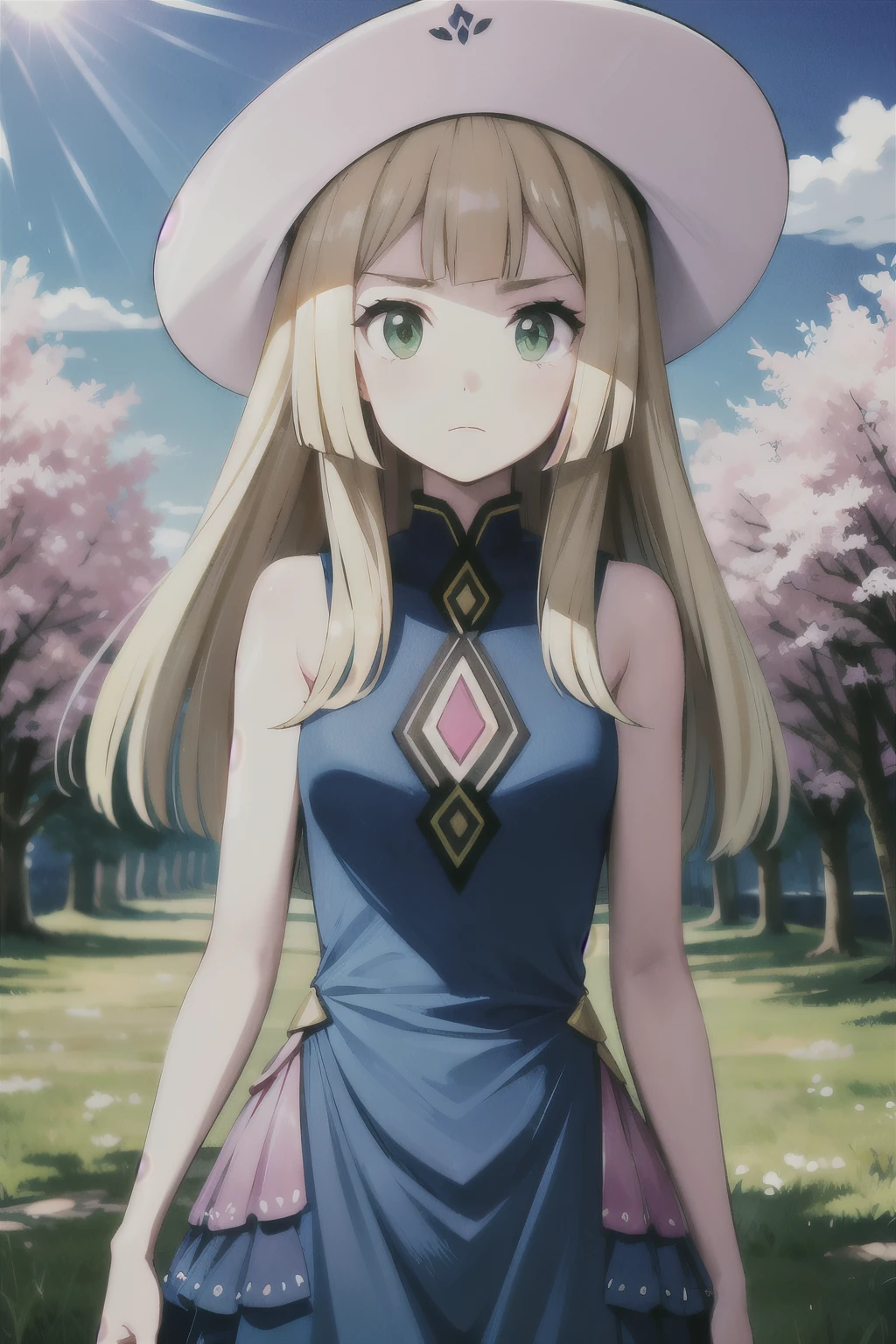 1 girl, masterpiece, (detailed background), Best Quality, absurdities, looking at the viewer,
forest path, field, grass, dirt road, wooden fence, blue sky, clouds, (sakura trees), sleeveless, exposed shoulders,
lilia, White dress, white sun hat, white ribbon, frown, expressionless,