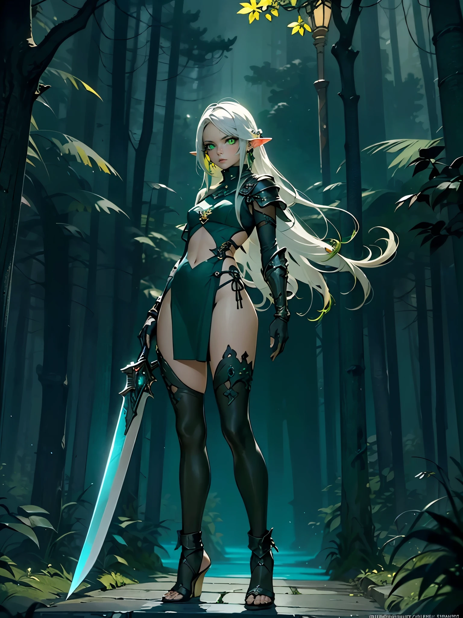 (((Masterpiece, best quality, high detailed, 8k))) Design a layout showcase Gaming character, (1girl). Long silver hair, green eyes, wearing a long flowing jade dress with high side slit, showing midriff, wielding a massive greatsword, sexy. (masterpiece:1.2), (best quality), ultra-detailed. (Step by step design, layout art:1.5), (luminous lighting, atmospheric lighting). Elf royalty. ((glove full hands)), intricate vambraces, thigh highs, thick thighs, (((full_body_shot:1.4))). The elf stands gracefully amidst dark, dense, ancient, towering trees, their leaves shimmering with a magical glow. The bikini armor, a blend of sleek metal and glowing energy lines, contrasts beautifully with the natural surroundings. Her long silver hair flows softly around her, framing her elegant face with piercing green eyes that radiate wisdom and strength. Massive greatsword she holds is pulsing with an ethereal green light.（hoang lap，A high resolution，hyper detailled），Black Soul theme, leather，Off-white，ranger，Background of details，Northern Valley，Irithyll，Cold moon，Rule of thirds，boundage，Diablo 4 style，intricate-detail，Diablo color theme，（offcial art，Beauty and aesthetics：1.2），（Dark art，erode,  fractal art：1.3），rich colourful，horryfing，highest details, (green eyes: 2), white hair with blue tips, blue colored inner hair, long hair, solo, 1girl, slim, small breasts, green flames