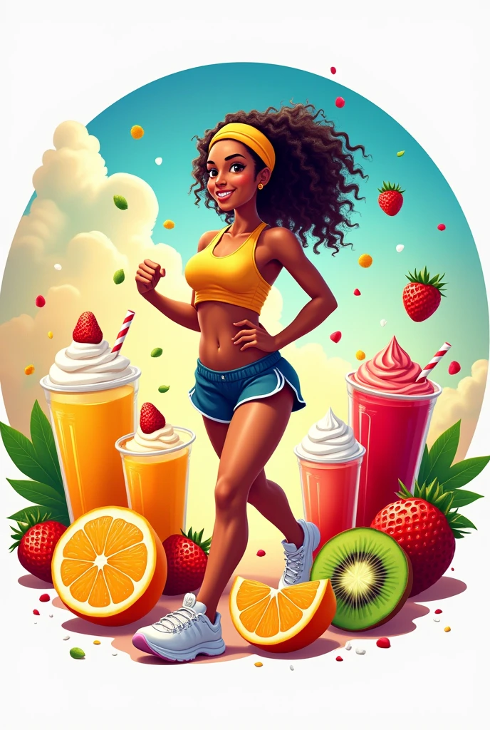 Circular logo of the name Frutimar. Have fruit salad, juices and ice cream. Sporty girl long curly hair. 