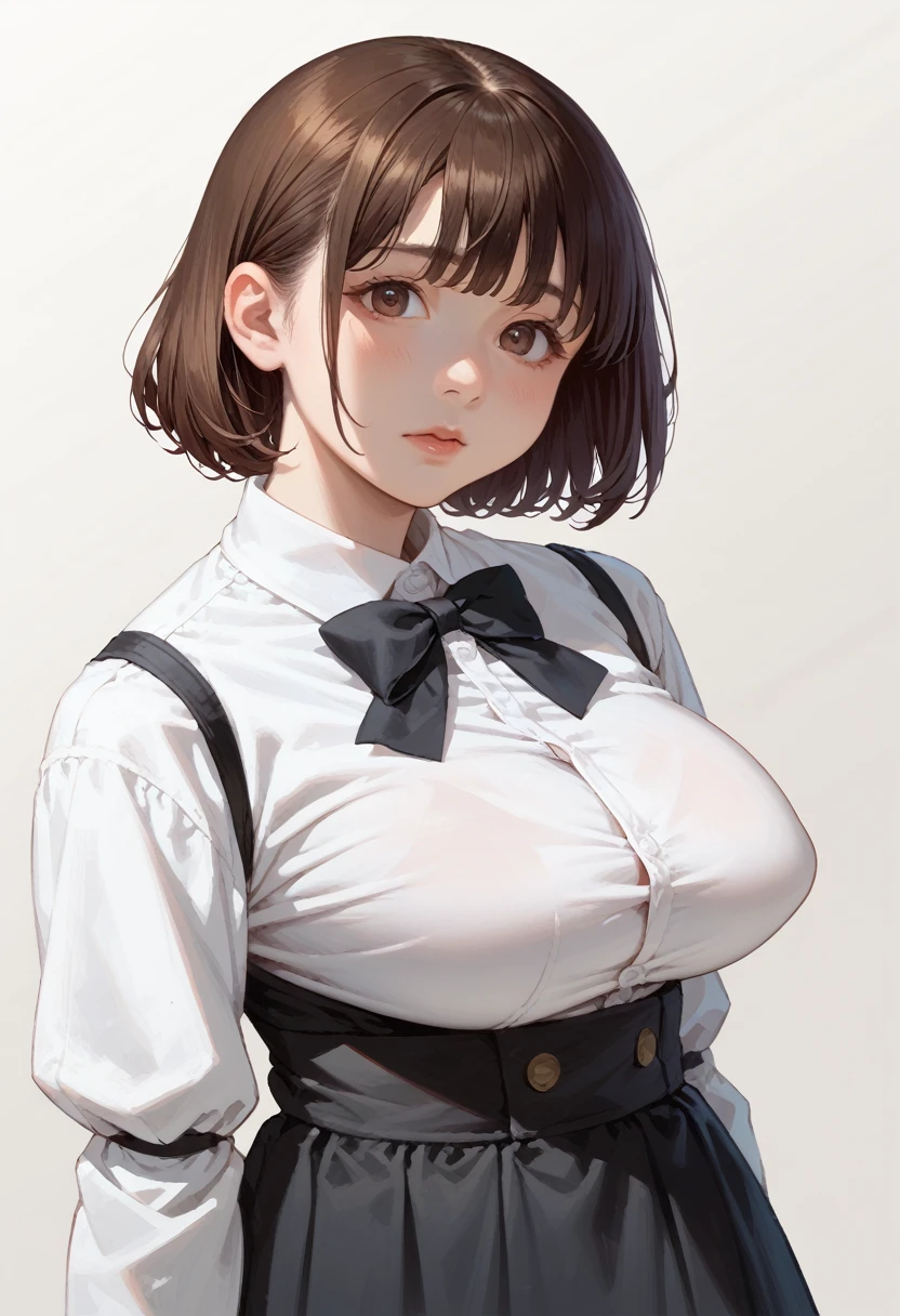 white shirt, anime girl with short hair and brown eyes in a black dress, semirealistic anime style, anime style portrait, face anime portrait, painted in anime painter studio, in an anime style, portrait of an anime girl, sayori, made with anime painter studio, portrait of anime woman, detailed anime soft face, perfect anime face, in anime style, anime realism style,

perky breasts,pointy breasts, torpedo breasts, huge breasts,Button Gap