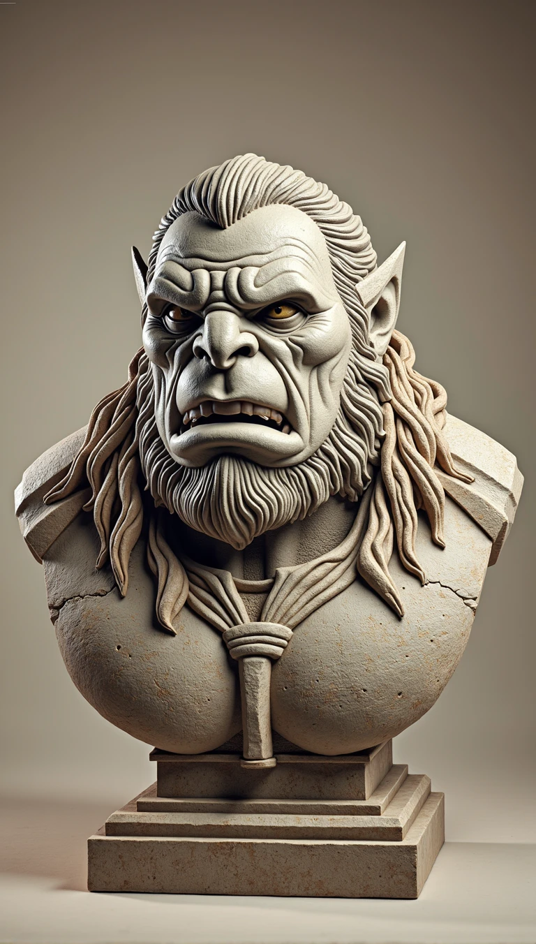 [Core Concept] A stone bust sculpture depicting the iconic superhero, Batman. [Character Description] The sculpture portrays a stoic and brooding Batman, his cowl casting dramatic shadows over his chiseled features. The expression is one of intense focus and determination, conveying the character's unwavering resolve to protect the city. [Environment/Background] The bust emerges from a plain, unadorned stone backdrop, allowing the powerful visage of the Dark Knight to take center stage. [Style and Atmosphere] The sculpture has a rugged, weathered aesthetic, with the rough-hewn stone surface accentuating the gritty and imposing nature of the character. The overall atmosphere is one of strength, resilience, and a sense of dark heroism. [Composition] The sculpture is designed with a strong, angular composition, mirroring the angular lines and sharp edges of Batman's iconic costume. The bust is positioned in a commanding, forward-facing stance, commanding the viewer's attention. [Details and Embellishments] Intricate details are carved into the stone, capturing the subtle textures and contours of Batman's cowl, the defined musculature of his jawline, and the intense gaze of his eyes. These meticulous details add depth and realism to the sculpture. [Technical Specifications] The stone bust sculpture is a large-scale, finely crafted work of art, showcasing the skilled craftsmanship of the sculptor. The use of durable stone material ensures the longevity and permanence of this powerful representation of the Batman character.