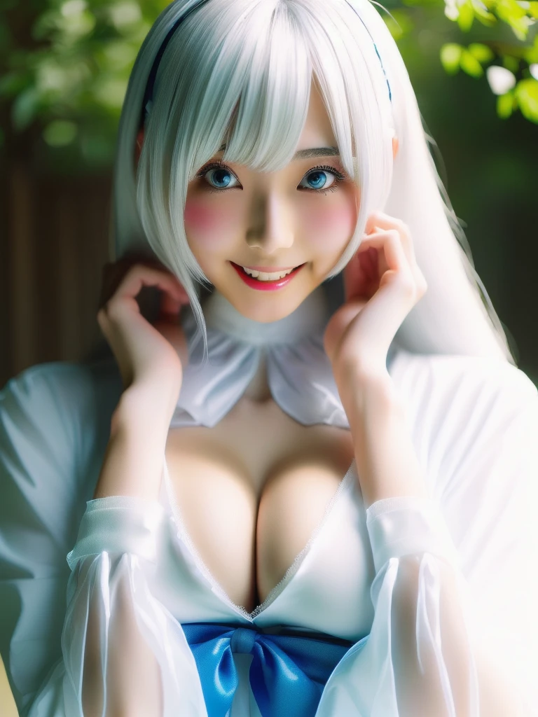 (gigantic breasts:1.3),White hair and white blouse, 白Hime cutヘアスタイル, anime girl Cosplay, anime Cosplay, shikamimi, Ahegao ,Cute natural anime face, Real life anime girls, Cute anime face, Hime cut, Cosplay, sayori, Ahegao