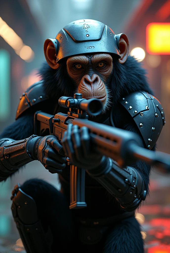 Make a monkey with futuristic armor and a futuristic helmet that holds a sniper rifle on its shoulders and that looks like it's straight out of a video game and that has a sniper scope pointed at it.