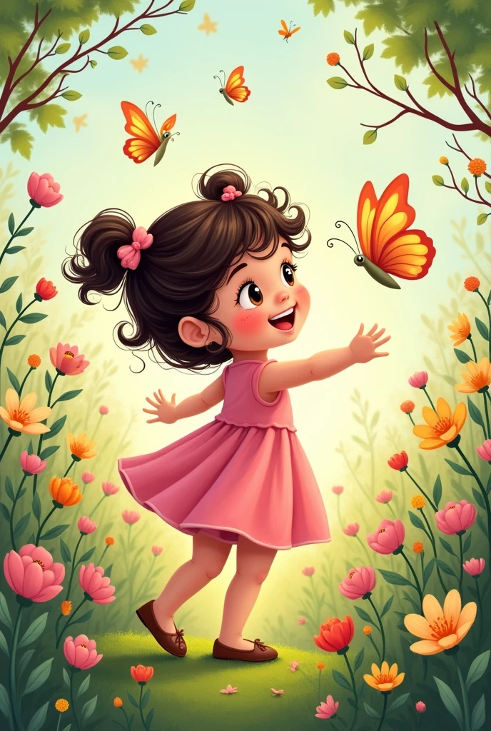 Illustration of a with dark brown, wavy hair with a few curls, styled in a fun and playful way, perhaps with small bows or a ponytail. She’s wearing a cute pink dress and is happily playing in a vibrant garden filled with colorful flowers. Butterflies flutter around her, and birds are perched on nearby branches. The girl, with a joyful and curious expression, is surrounded by lush greenery and is reaching out to a butterfly. The overall style is whimsical and charming, capturing the innocence and delight of the in this enchanting, nature-filled scene.