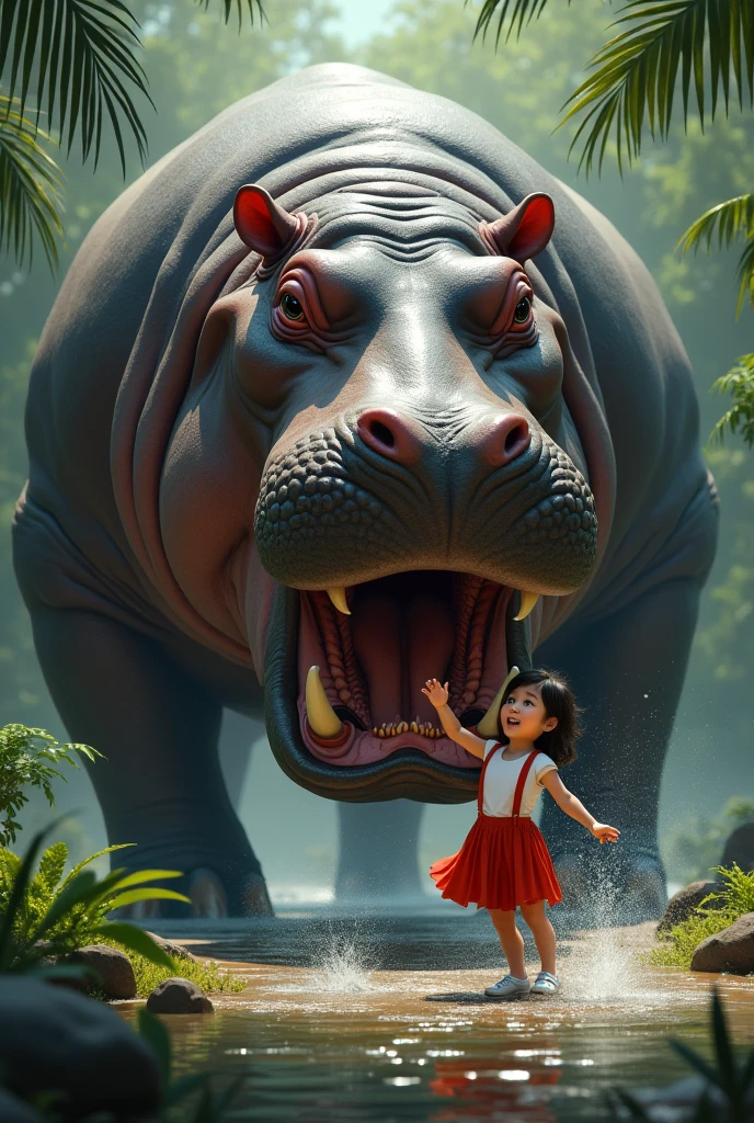 Hippo fighting a cute girl