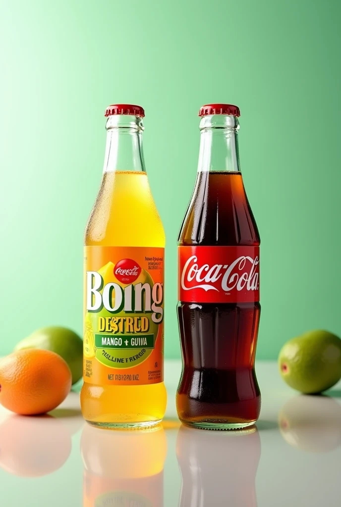 Create an advertising image showing the packaging of a half-liter mango and guava boing and a half-liter glass coke