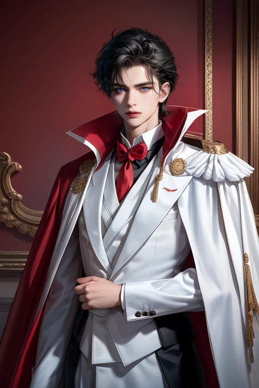 masterpiece, 最high quality, high quality, 1 boy, alone, Male focus, Watching the audience, Messy black hair, Adorable big blue eyes, White, Noble, Noble,A sexy, voluminous, puffy cape、tuxedo、A very voluminous, large, very large, very large, long, long red and black cape with a high stand-up collar, made of a lot of fabric that reaches down to the floor., 17 years old,Cute beautiful boys,Cute, cute, kind, handsome guy