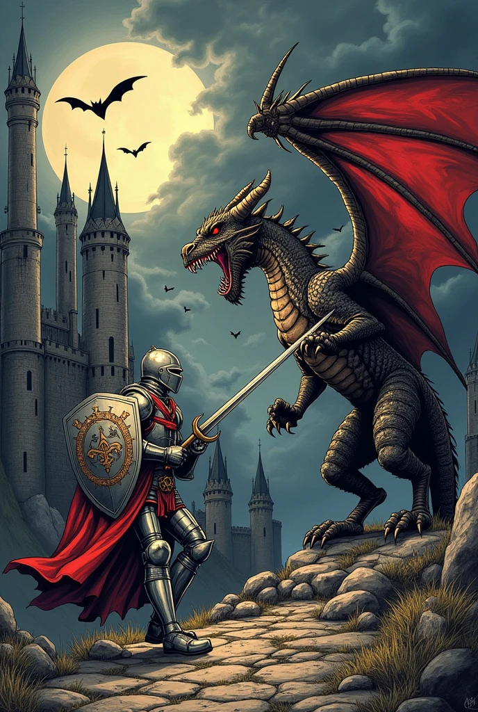 Make a graffiti drawing inspired by adventure or horror themes, using typical elements of the medieval era, like castles, dragons or knights.
