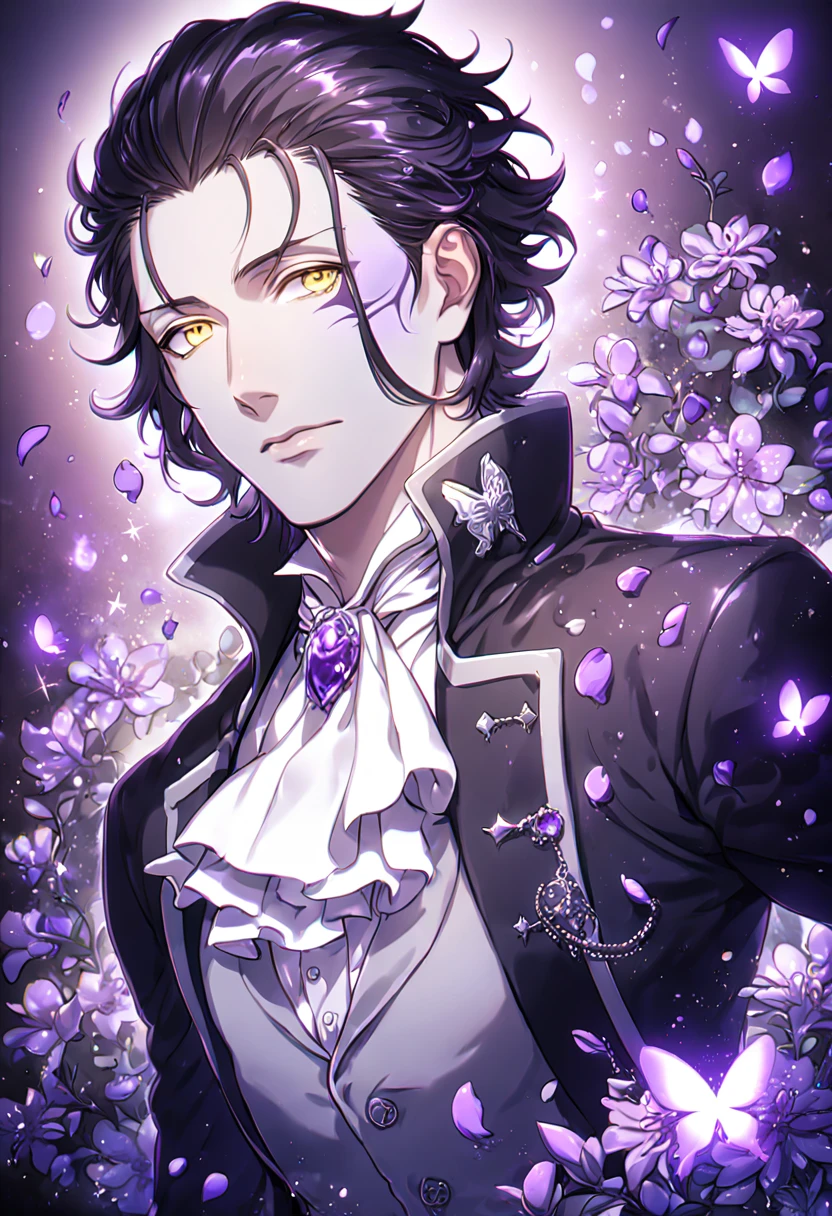 Ultra detailed, HDR, Highres, absurdres, master piece, Tyki Mikk, black hair, hair slicked back, ruffled wavy hair, expressive yellow eyes, gray skin, black coat, white shirt, white cravat, white gloves, gray vest, D.Gray-man, sexy man, handsome, purple flowers, petals, fantasy, magical, purple leaves, handsome, best quality, glittering, sensual, horny, water, purple shining fireflies, solo, small purple butterflies,