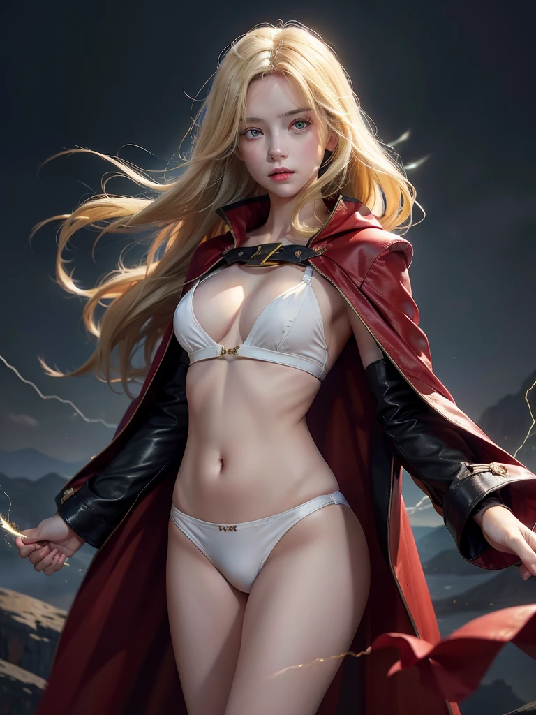(Absurd, High resolution), 16K, (Panorama), 18-year-old, 1 person, Severe, Dark green eyes, Open your arms, Short right swept dandy Blonde, Blonde, Black coat, White underwear, Extremely detailed, lightning, magic, magic Array, Exaggerated light, Shine, magic, floating, evening, good looking、wearing a red cloak