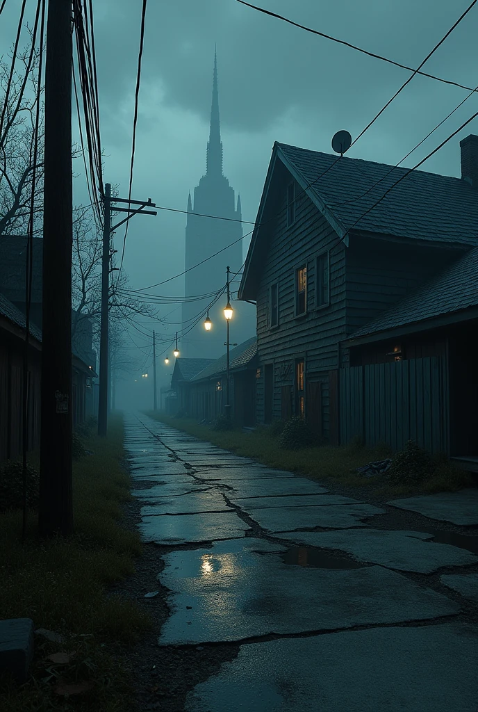 Deserted street in the city, Darkening, with a scary house,