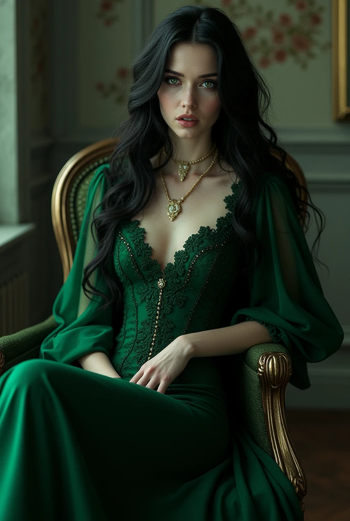 A vampire A woman with long hair and green eyes dressed in a dark green dress