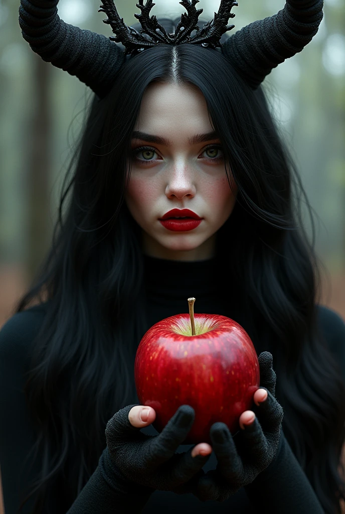 ((RAW Photo), absurd, (absurdresolution)), masterpiece, best quality, (Extremely detailed 8k unity CG wallpaper), (best illustration), (best shadow), Realistic lighting, beautiful detailed glow, ((21 years old)), girl, long black hair, black queen, accessories, apple in hand, poisoned apples, witch queen, red lipstick, (((Photographic Perspective of her)))