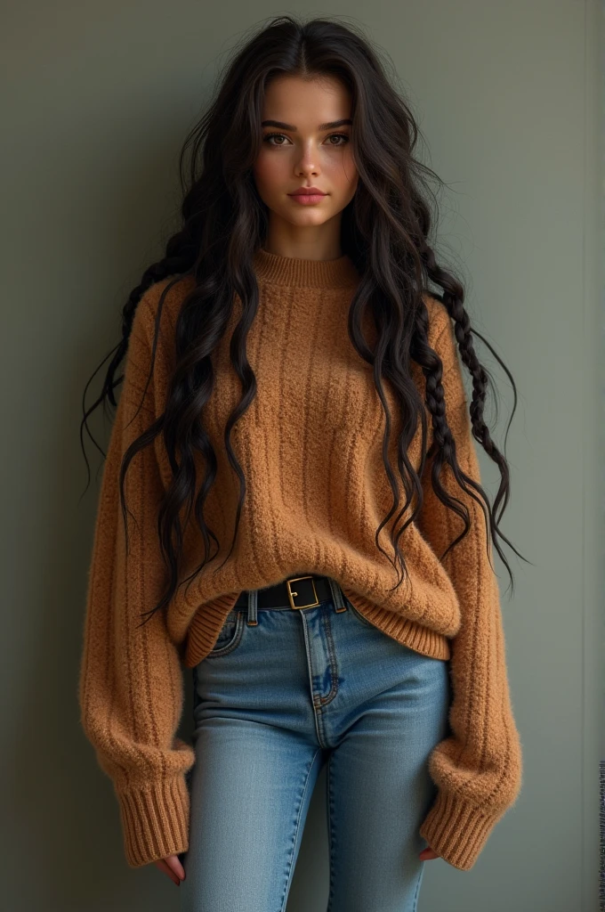 Create a 22 year old girl brown sweater fluff, jean pants, black boots, Dark black hair and black braids