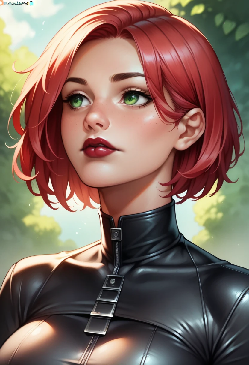 (high-level image quality), (high quality), (high resolution), (detailed), (masterpiece), beautiful woman, ((caucasian)), green eyes, red hair, short hair, dark red lipstick, busty, slender body, Detailed eyes, perfect eyes, Detailed face, leather pants, cropped, looking to side, portrait