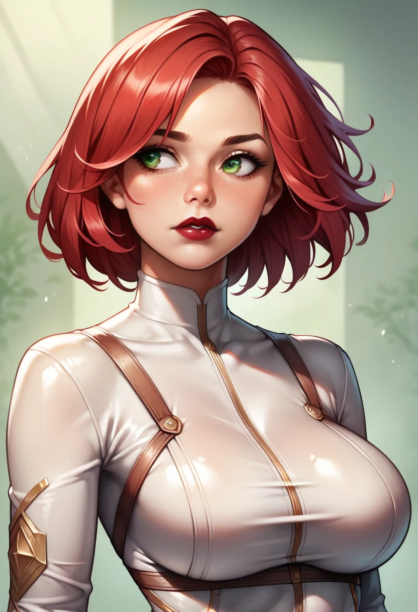 (high-level image quality), (high quality), (high resolution), (detailed), (masterpiece), beautiful woman, ((caucasian)), green eyes, red hair, short hair, dark red lipstick, busty, slender body, Detailed eyes, perfect eyes, Detailed face, leather pants, cropped, looking to side, portrait