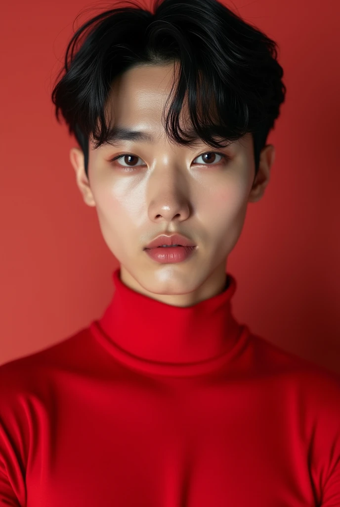 Handsome Young Korean Idol in Red Turtleneck Top