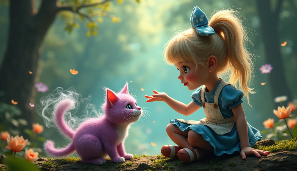 fractal masterpiece, digital painted art, whimsical adorable close up punky Alice dressed in disheveled clothing sitting on a log in a magical forest with a mischievous look on her face, reaching for a tiny Cheshire Cat made of smoke with splashes and sparkles twirling, octane render, intricate details, Epic cinematic stunning dramatic atmospheric matte painting
