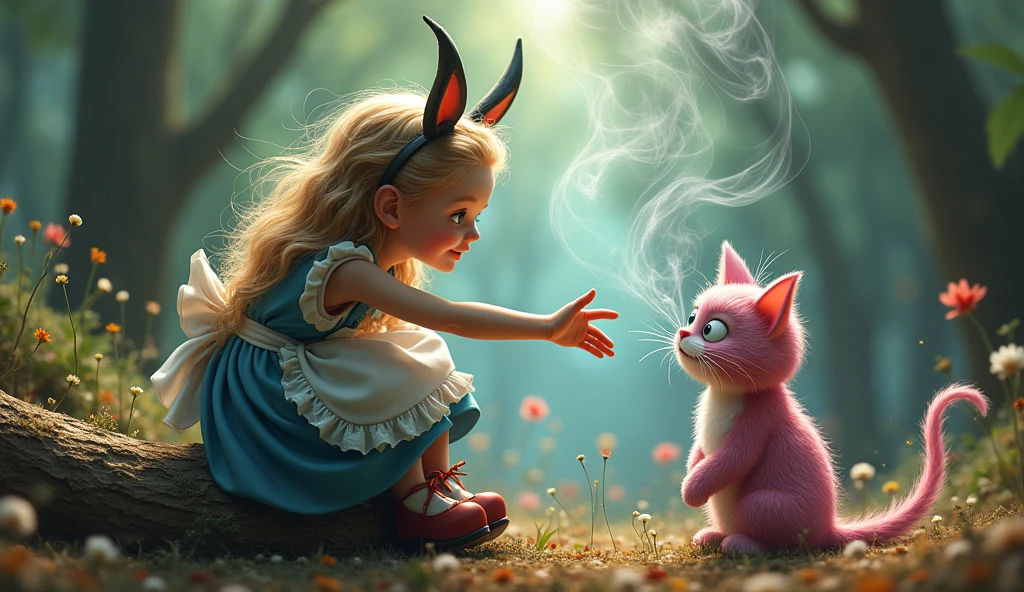 fractal masterpiece, digital painted art, whimsical adorable close up punky Alice dressed in disheveled clothing sitting on a log in a magical forest with a mischievous look on her face, reaching for a tiny Cheshire Cat made of smoke with splashes and sparkles twirling, octane render, intricate details, Epic cinematic stunning dramatic atmospheric matte painting
