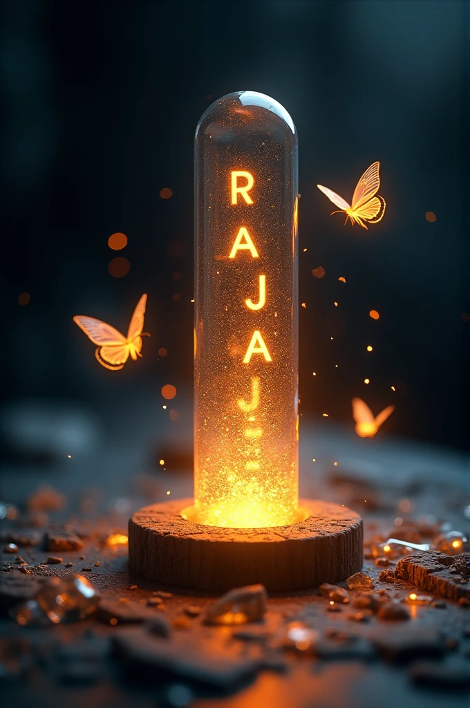 A glowing glass tube with the name ‘RAJAN‘ inside, illuminated by a warm golden light. The tube is lying on a textured surface, with a delicate, transparent butterfly hovering nearby. The background is dark, with a spotlight effect creating a mystical ambiance. Tiny light particles float in the air, adding to the enchanting atmosphere. Broken glass pieces around the tube reflect the light, enhancing the magical feel.

 Join Telegram