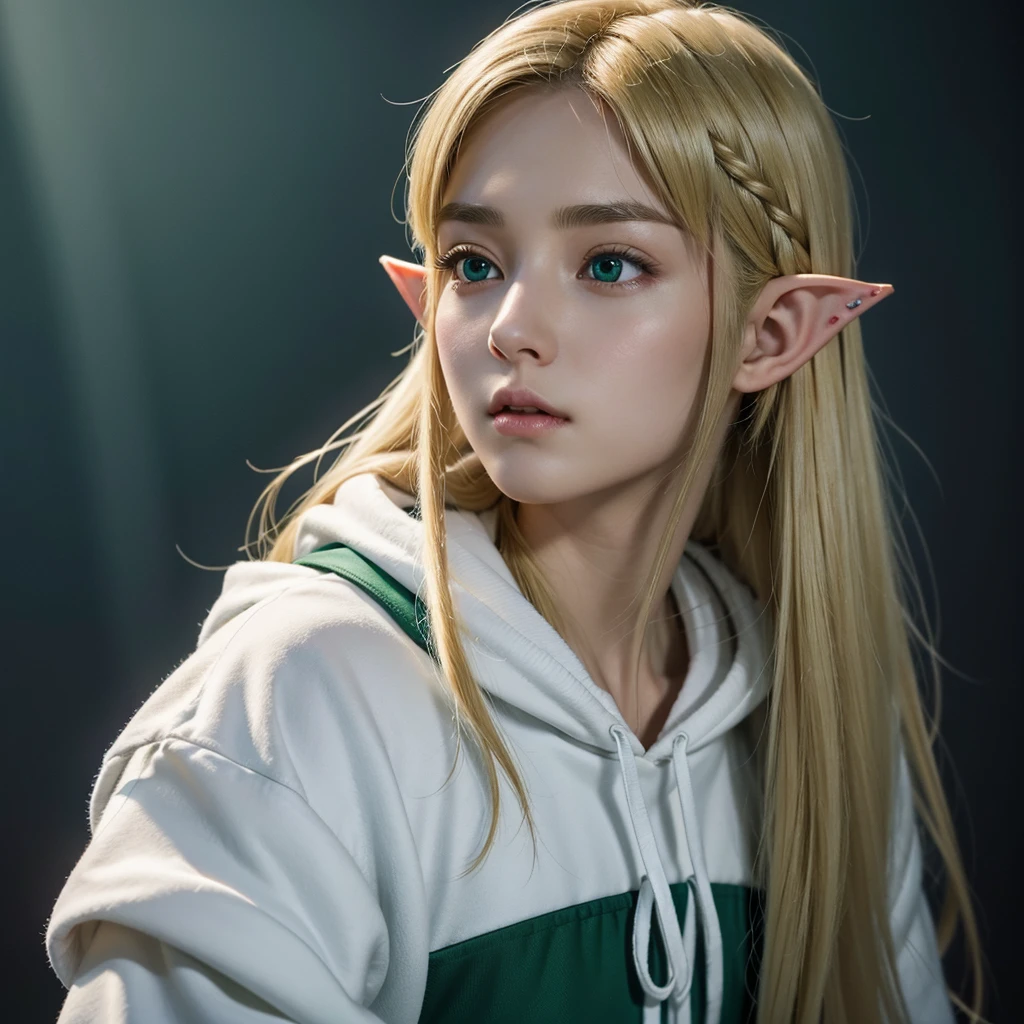 Vivid depiction、3DCG、Clear photos、Close-up of face only、Wearing a white hoodie pulled down over your shoulders、Facing forward and staring at me、A beautiful elf woman in her 20s who looks like Princess Zelda、Long blonde hair、Emerald green eyes、Long eyelashes、The background is darkness